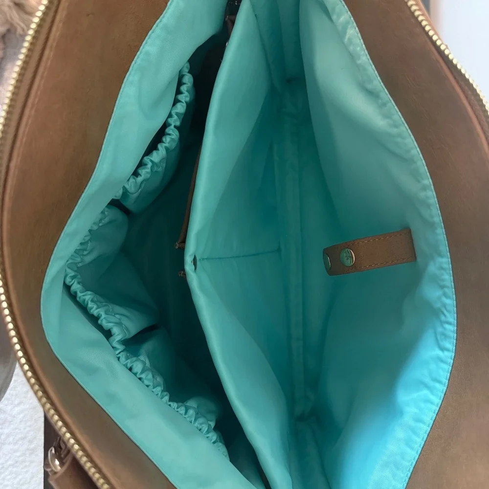 GEMINI CONVERTIBLE BACKPACK WORK TOTE ALMOND AQUA LINING DIAPER BAG